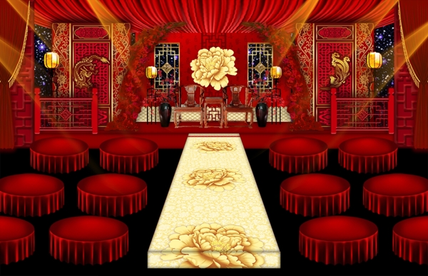 红色中式喜字花艺龙凤拉顶婚礼主背景效果图