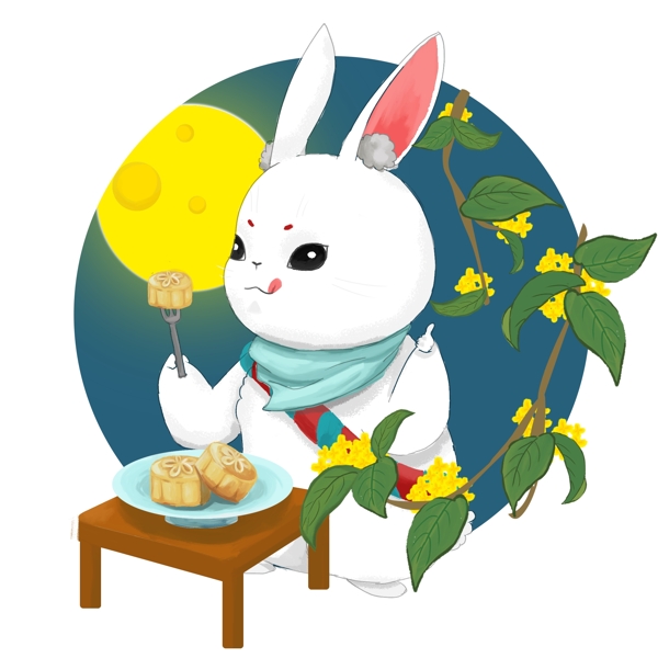 中秋节玉兔插画设计原创商用拟人兔子花朵背景月亮