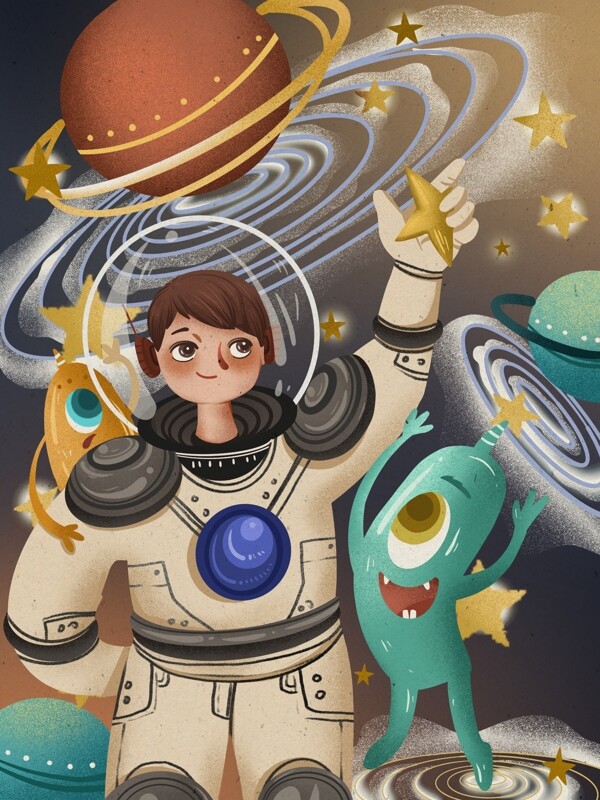 宇宙的奇妙之旅宇航员摘星星可爱插画