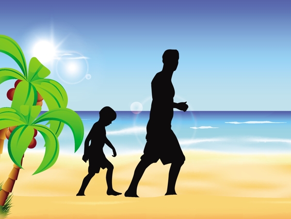 一个父亲和儿子在海滩享受日落剪影