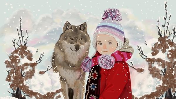 枯叶狼与小女孩大雪细腻写实插画