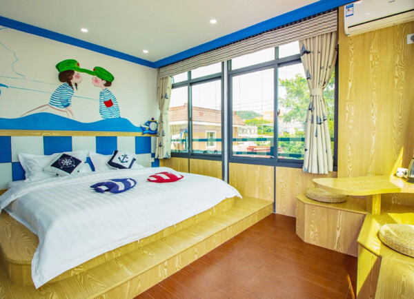现代亮色简约风格装修卧室床背景墙设计效果图