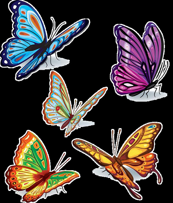 手绘五种颜色蝴蝶免抠png透明素材