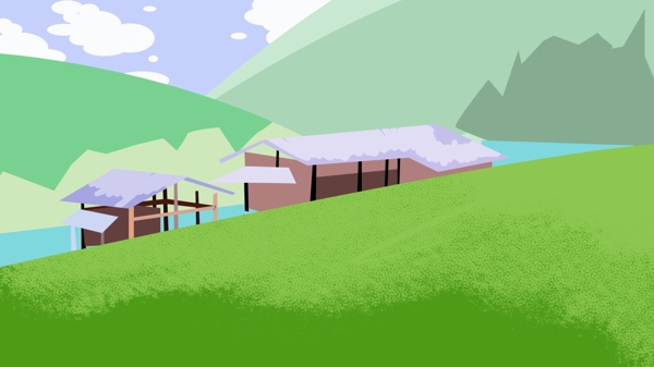 山坡河边的草屋凉亭背景