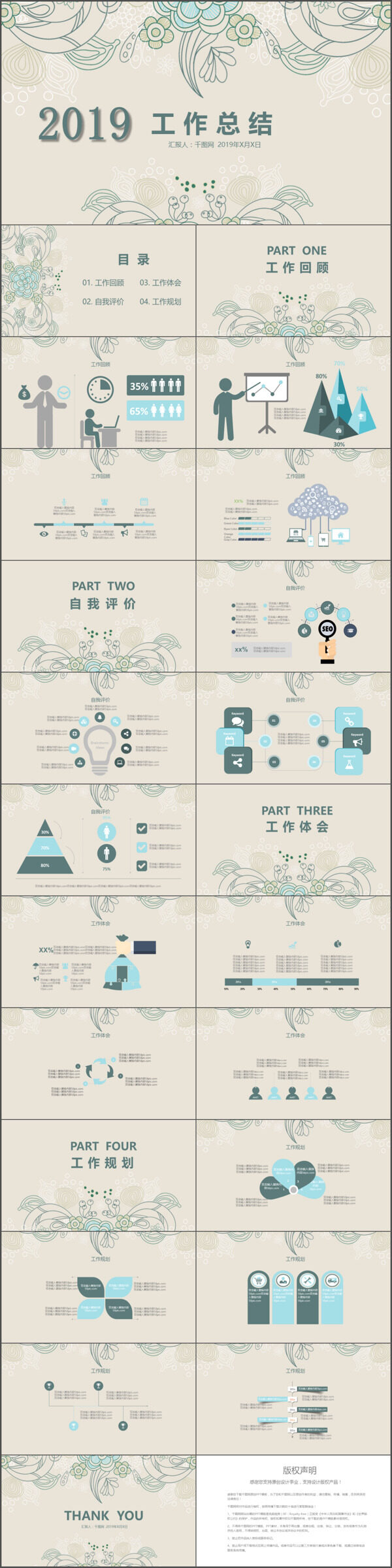 手绘花纹小清新工作总结PPT模板
