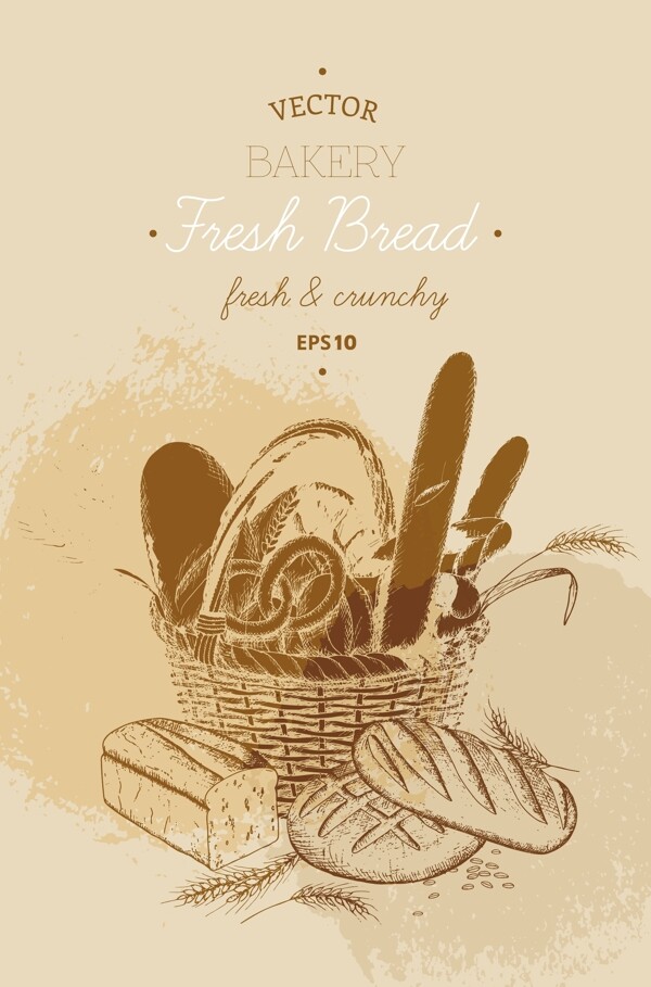 手绘一篮子烘焙面包插画