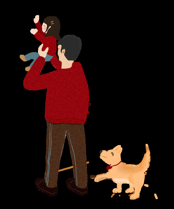 父亲节红色系温暖爸爸和孩子还有小狗免抠图
