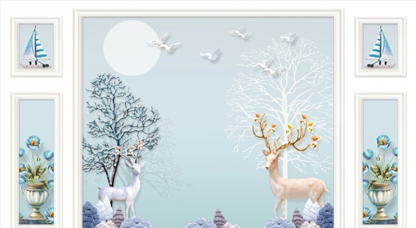 浮雕花梅花鹿框框树背景图片