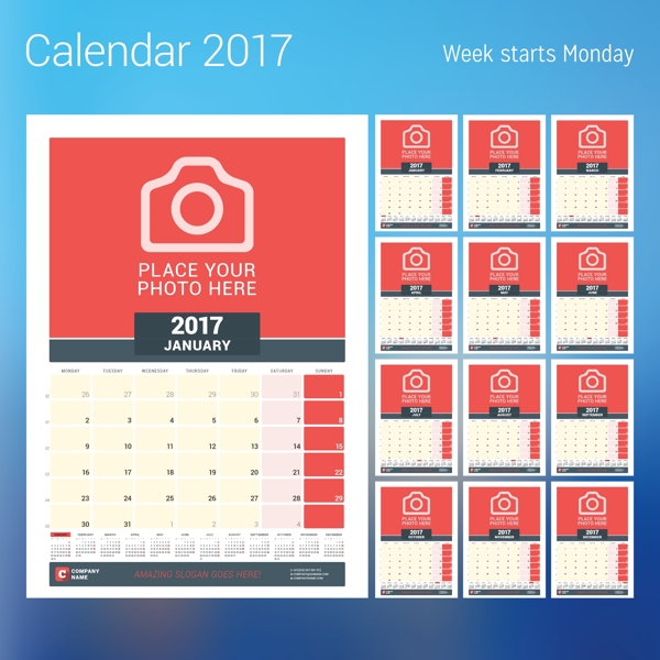年历日历简约红色2017年日历设计矢量素材