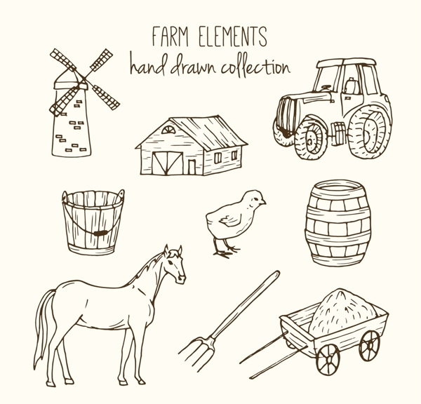 素描农场配件和动物