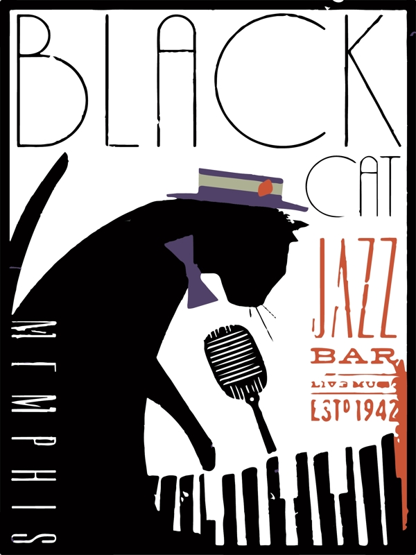 黑猫爵士乐音乐海报矢量图下载