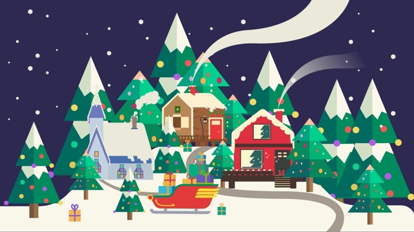 快乐圣诞雪橇梦幻小镇矢量插画