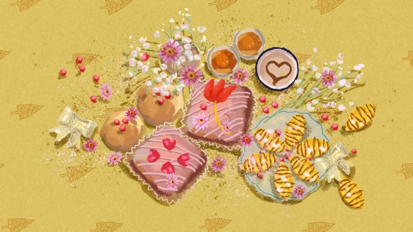 清新风美食蛋糕饼干面包奶茶小雏菊插画