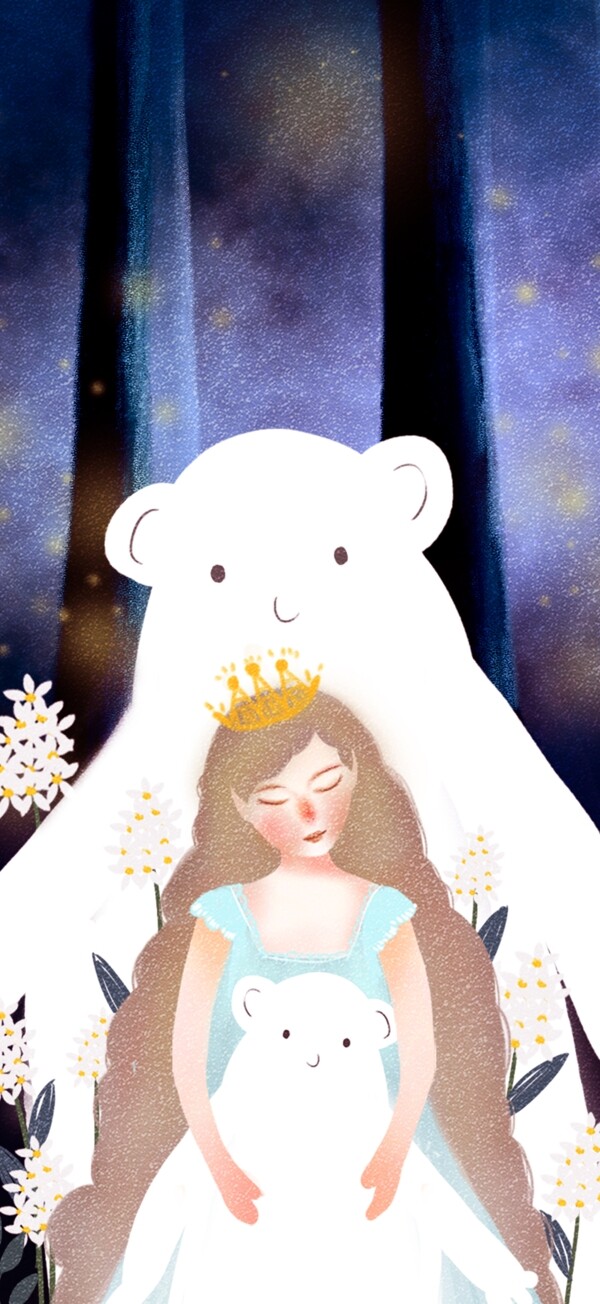 森林公主抱着熊的小女孩唯美梦幻原创插画
