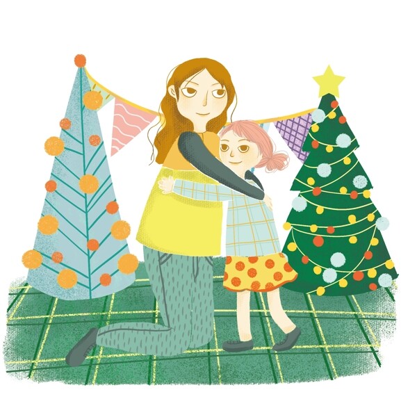 卡通手绘收到礼物的女孩和美丽的圣诞树创意海报