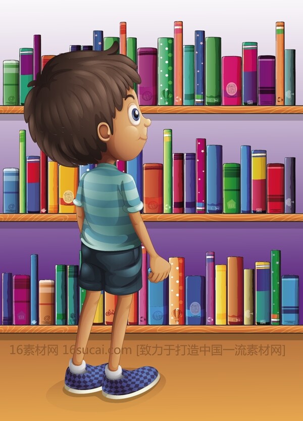 书架面前的小男孩