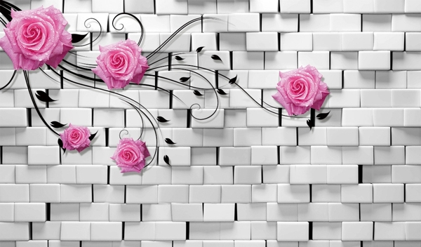 3D砖墙玫瑰素材