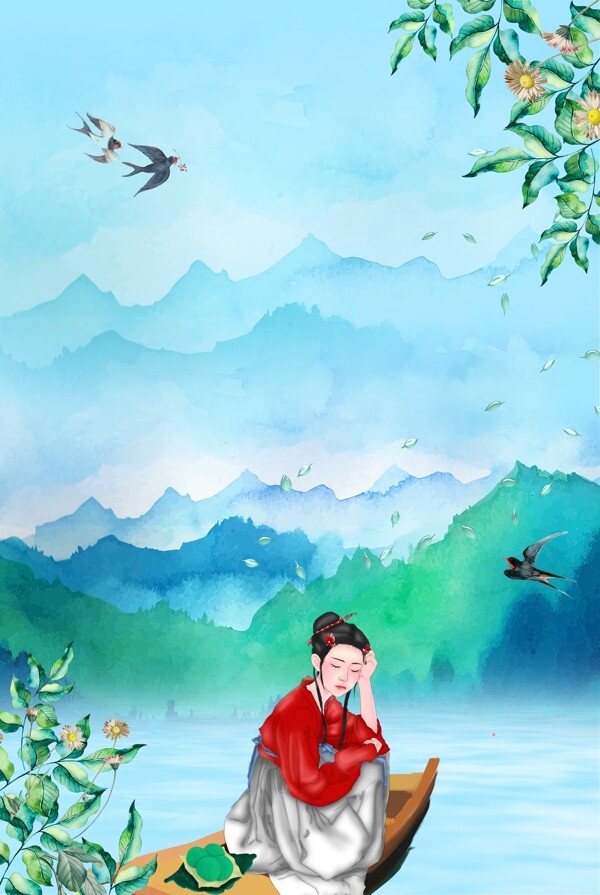 清明节水彩卡通中国风女孩海报