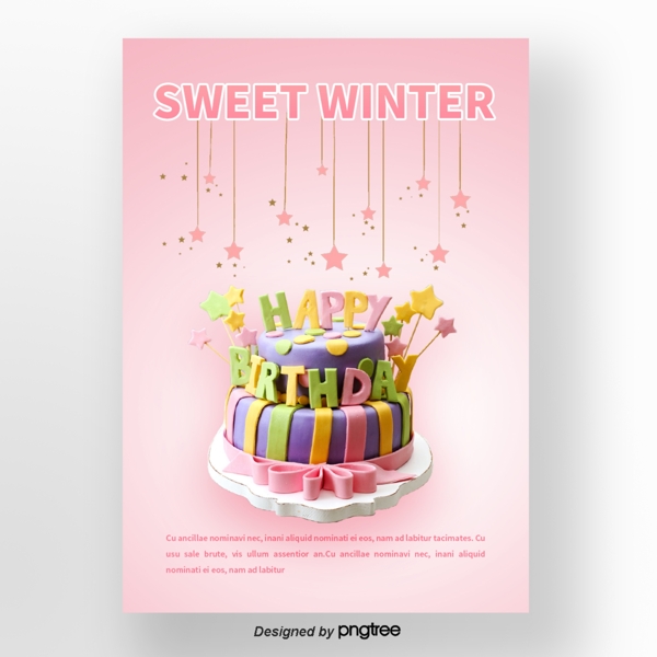 粉色的圣诞节祝你生日快乐蛋糕的冬季甜味食品海报