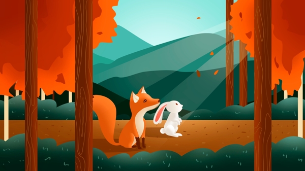 秋分节气狐狸兔子可爱插画