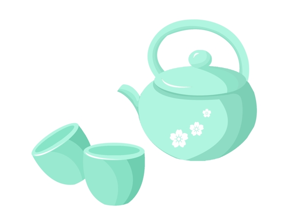 绿色印花茶壶茶杯插画