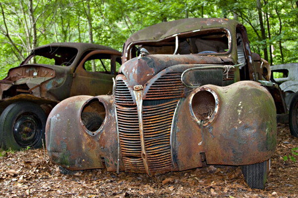 树林里的废旧汽车图片