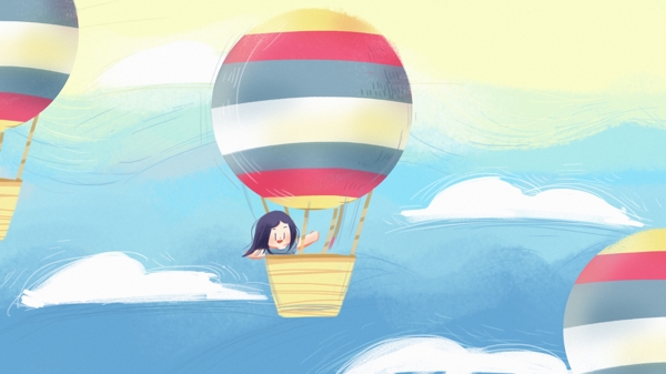 旅行热气球天空手绘插画海报背景壁纸小女孩