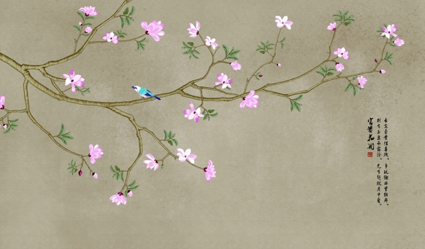 中式梅花桃花喜鹊画