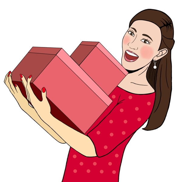 卡通女人抱着礼物盒高兴大笑原创元素