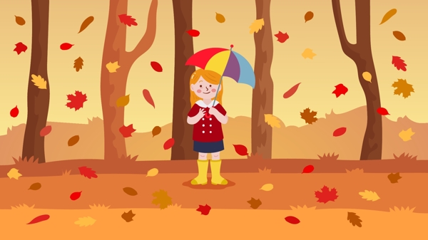 二十四节气白露树林里撑伞的女孩矢量插画