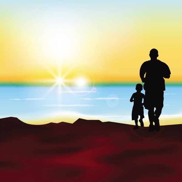 一个父亲和他的儿子在海边的剪影