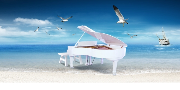 海边钢琴图片