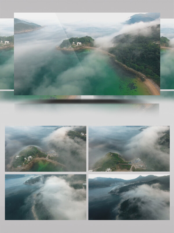 烟雾缭绕半空拍摄半山别墅湖水山景景色自然