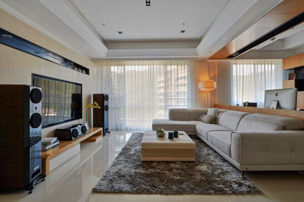 现代清爽客厅白色地板室内装修效果图