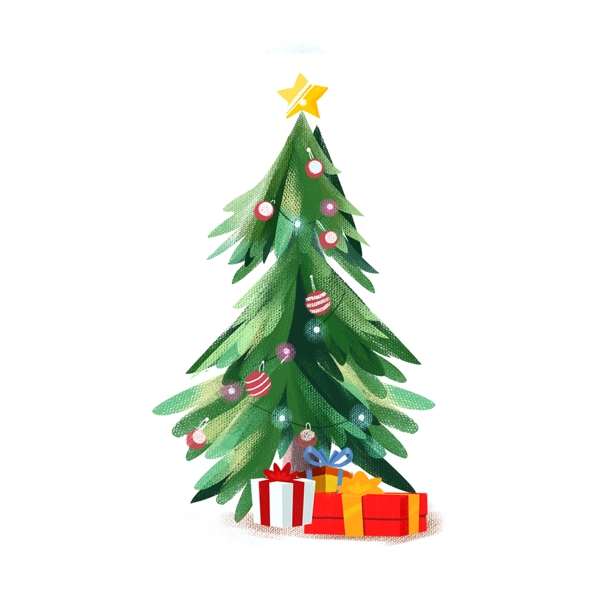 卡通小清新圣诞树和一堆礼物设计
