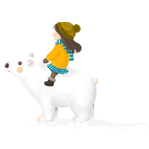 清新唯美冬天骑着白熊的女孩可商用元素