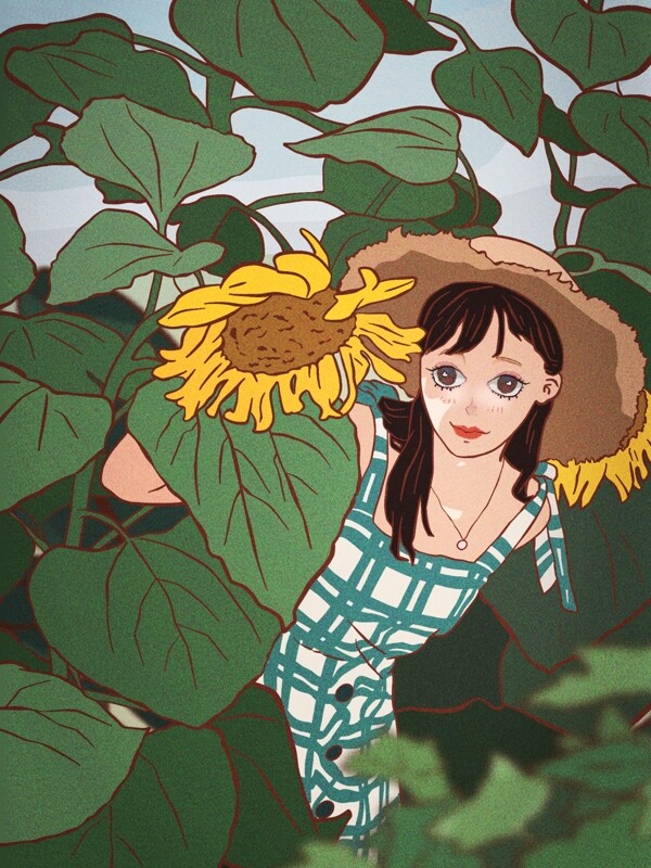 立夏你好之草帽美女葵园摘向日葵