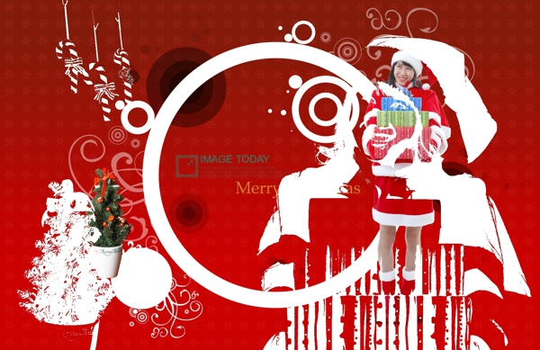 红色背景前的圆圈和圣诞美女