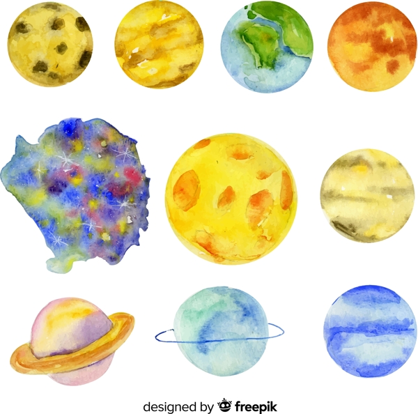水彩绘太阳系设计矢量素材
