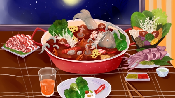 团圆吃火锅吃货红红火火卡通细腻写实插画