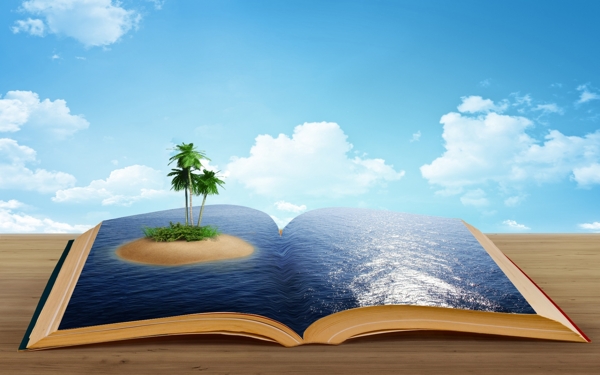 书籍合成天空海岛椰树