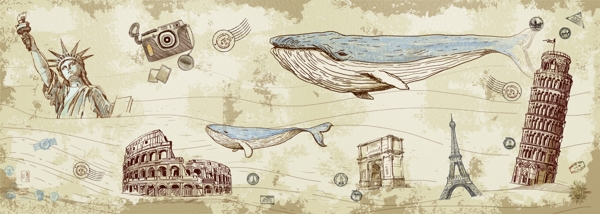 鲸鱼复古欧式背景墙背景海报素材图片