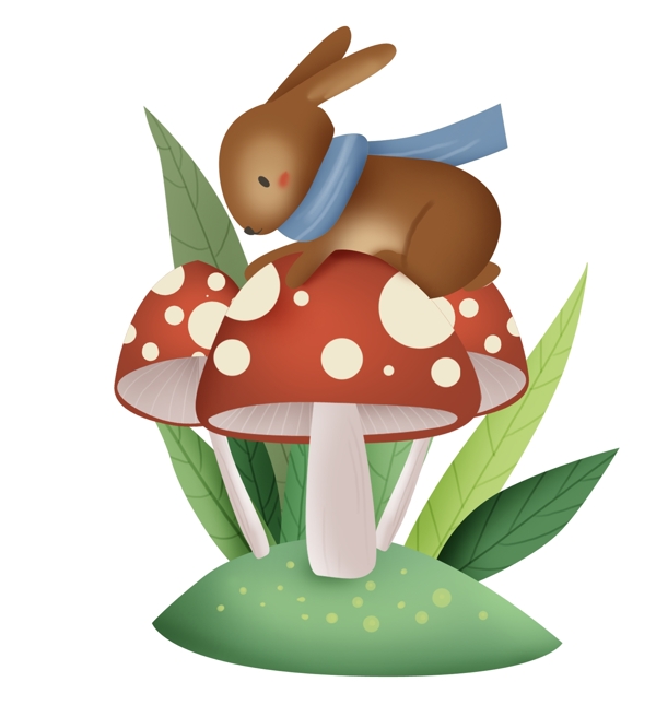 春天红蘑菇上的兔子
