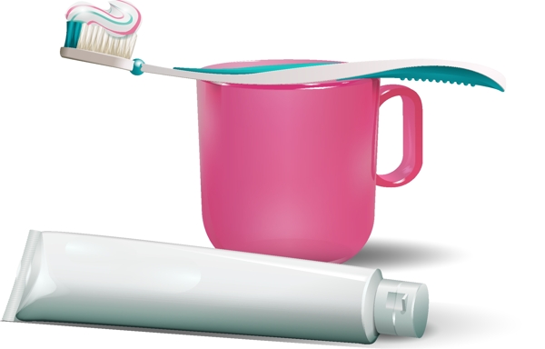 矢量粉色牙杯与牙刷牙膏
