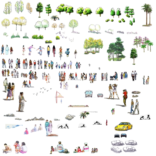 园林景观树木人物立面手绘效果图