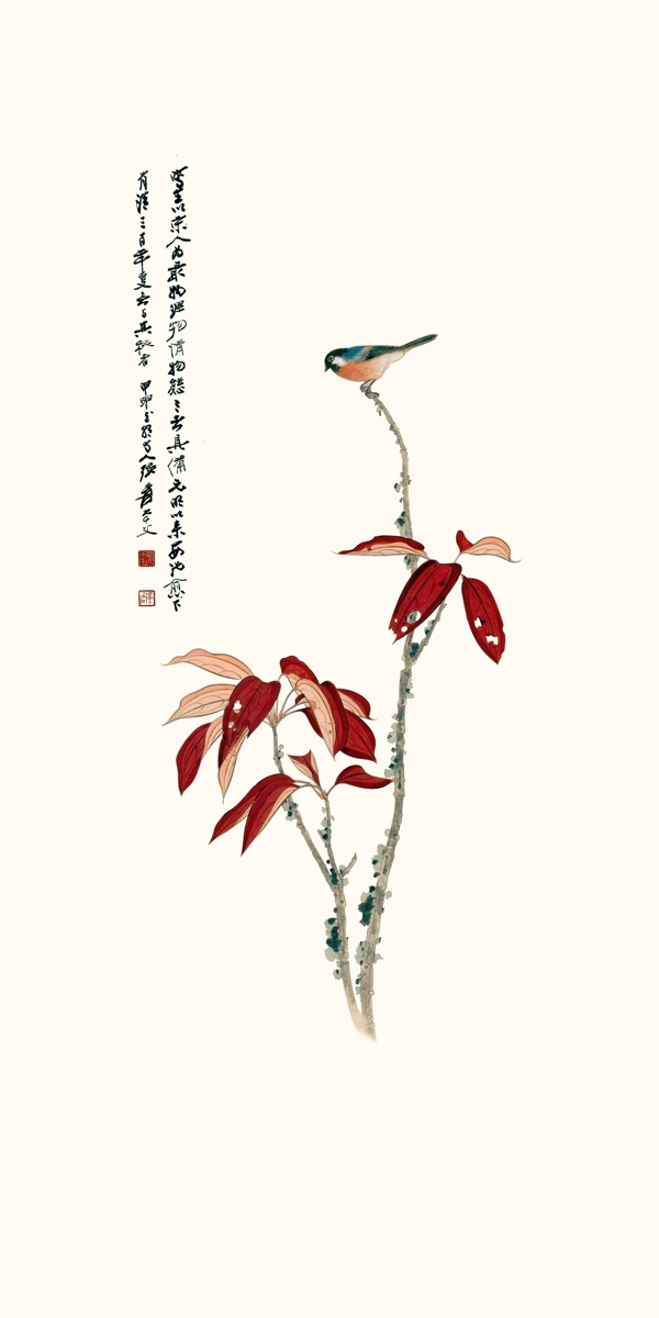 红色树枝枝条小鸟站立装饰画