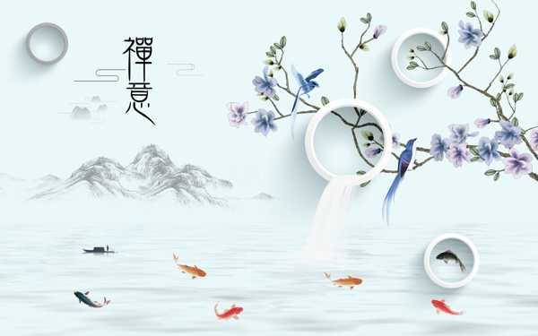 新中式禅意山水背景墙图片