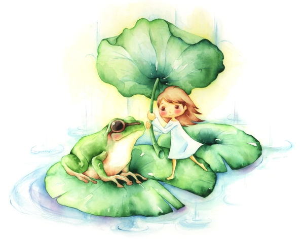 青蛙荷叶和小女孩彩绘PSD