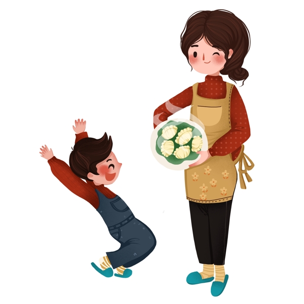 开心吃饺子的母子俩