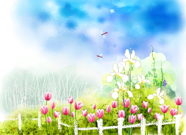 春色满园彩绘风景PSD分层模板